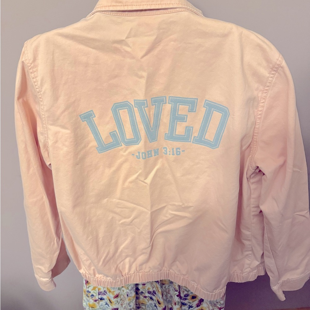 Custom John 3:16 light pink Jean jacket. New condition Christopher & Banks